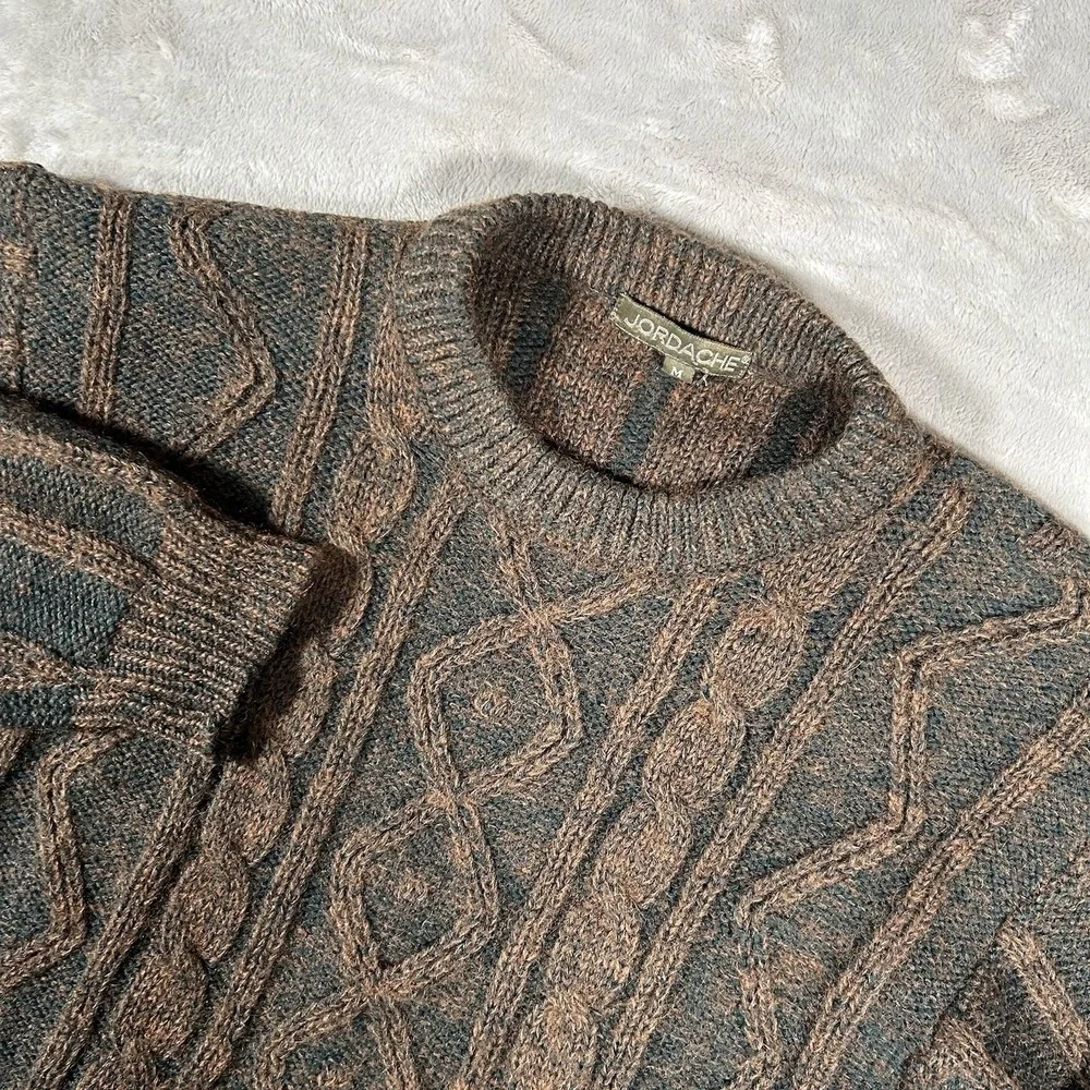 VTG Jordache Cable Knit Sweater Mens M Brown Mohair Wool Coogi-Style 3D Textured - Picture 2 of 15